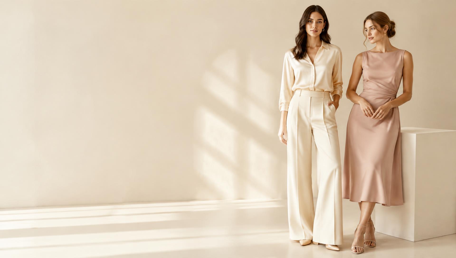 Two women wearing ivory wide-leg trousers and a blush midi dress